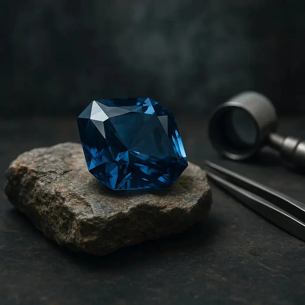 Gemme bleue taillée reposant sur une pierre brute, accompagnée d’outils de bijoutier dans un atelier éthique