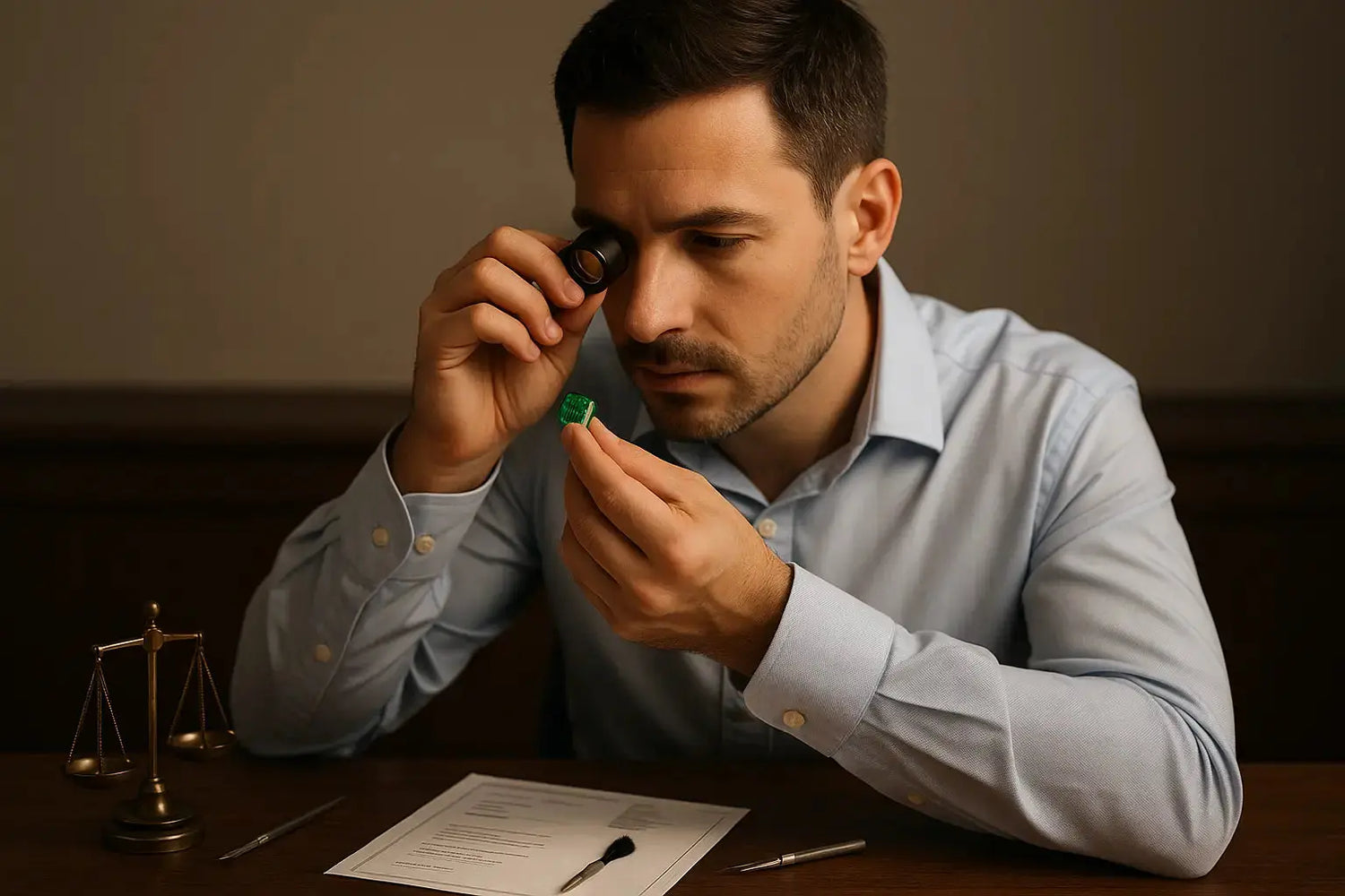 Gemologue expert examinant une émeraude avec une loupe lors d'une estimation professionnelle. Estimation gemmologique : un expert analyse la qualité d’une pierre précieuse