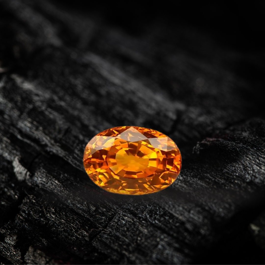 Grenat spessartite orange naturel taillé, posé sur une surface sombre. Pierre précieuse brillante avec des reflets dorés et une taille ovale.