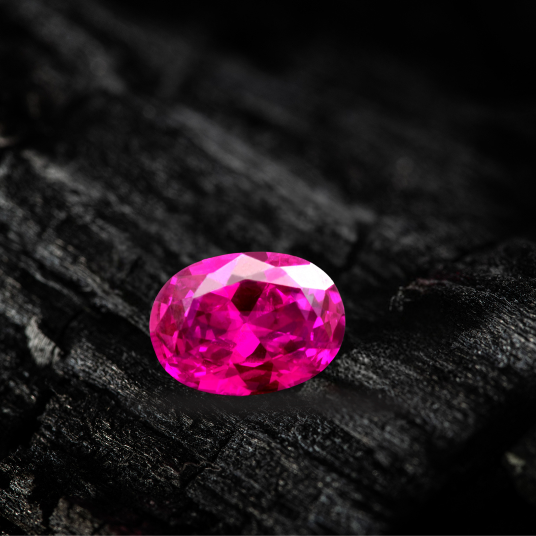 Tourmaline rose naturelle taillée en ovale, posée sur une surface sombre. Pierre précieuse éclatante aux nuances vives et intenses.