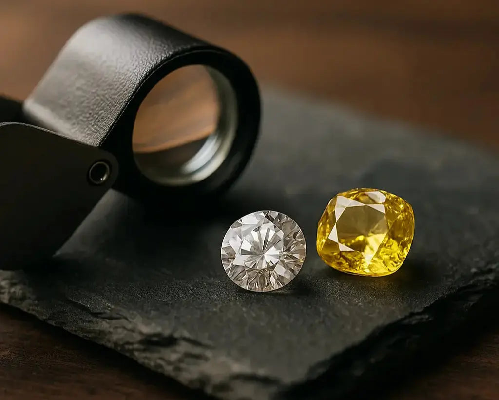 Loupe de gemmologue avec un diamant rond et un saphir jaune posés sur une ardoise, illustrant le contrôle qualité des pierres précieuses.