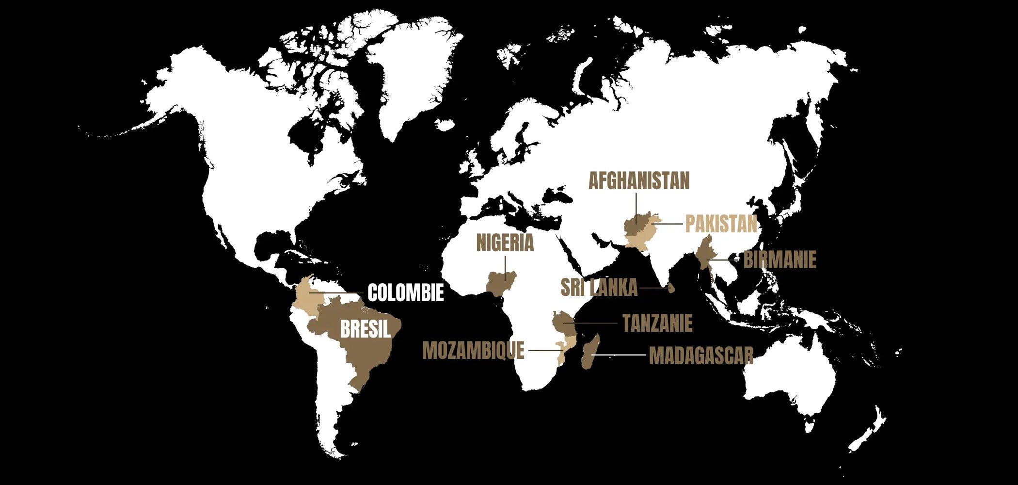 Carte illustrant les principales régions d’extraction des pierres précieuses à travers le monde. On y retrouve des gisements renommés au Brésil, en Colombie, au Sri Lanka, à Madagascar, en Birmanie, en Tanzanie, au Mozambique, au Nigeria, au Pakistan et en Afghanistan. Ces pays sont reconnus pour leur production de saphirs, rubis, émeraudes, tourmalines, grenats et autres gemmes rares, utilisées en joaillerie et haute joaillerie.